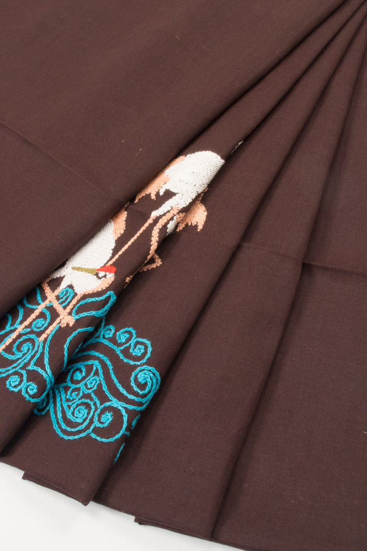 Brown Kantha Embroidered Silk Cotton Blouse Material - Avishya