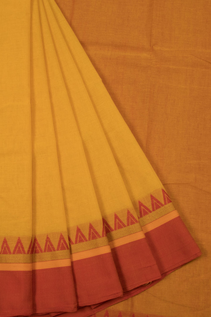 Cantaloupe Yellow Handloom Dhaniakhali Cotton Saree 10063814