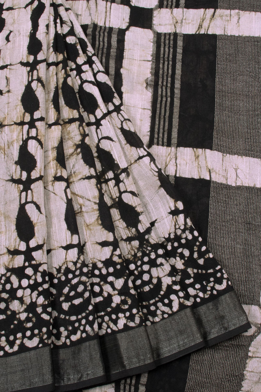 Black with Off White Batik Printed Linen Cotton Saree - 10063867