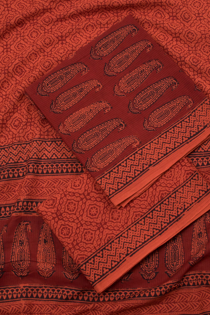 Brick Orange with Maroon Bagh Printed Cotton 3-Piece Salwar Suit Material - 10063875