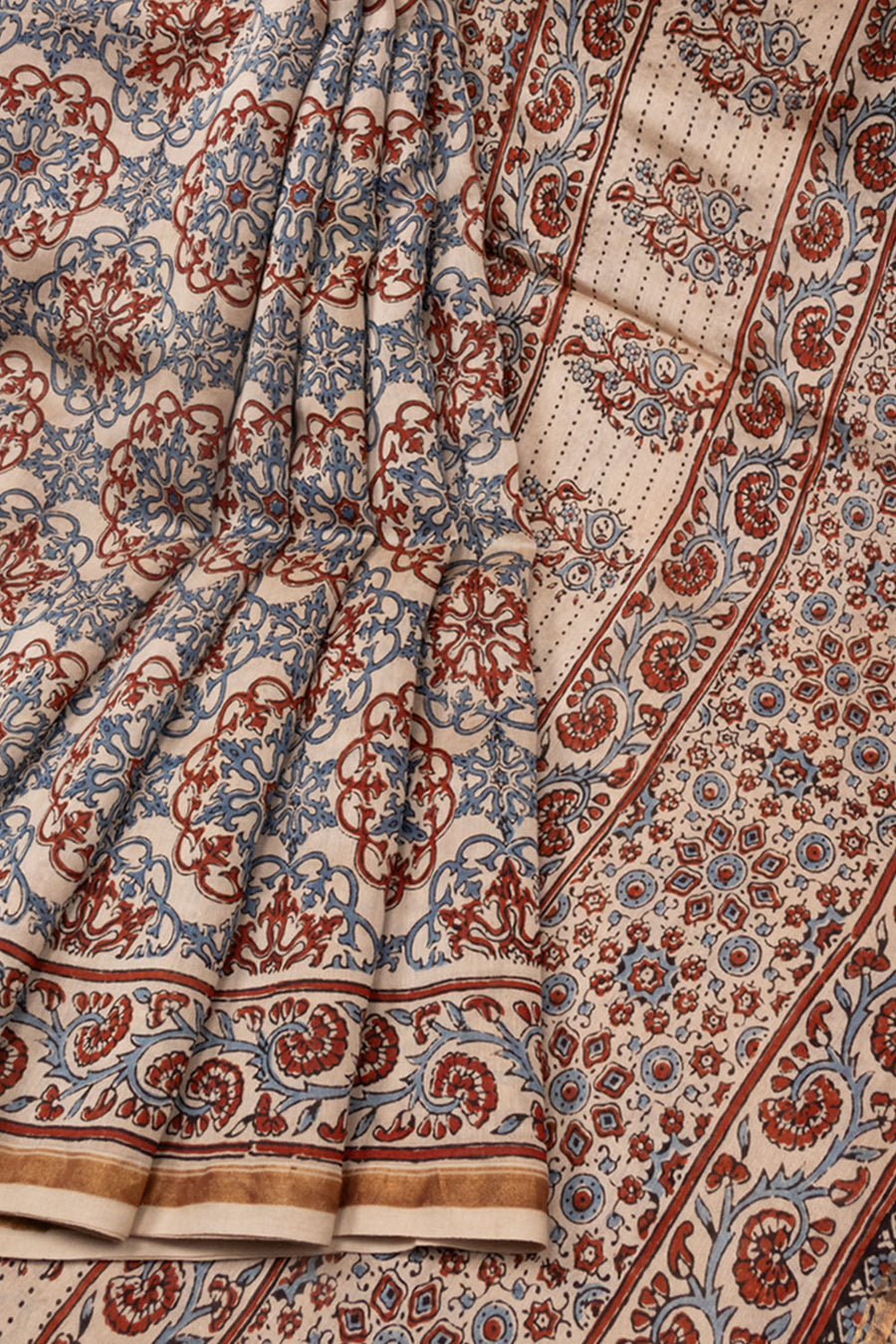 Cream Ajrakh Printed Silk Cotton Saree - Avishya.com