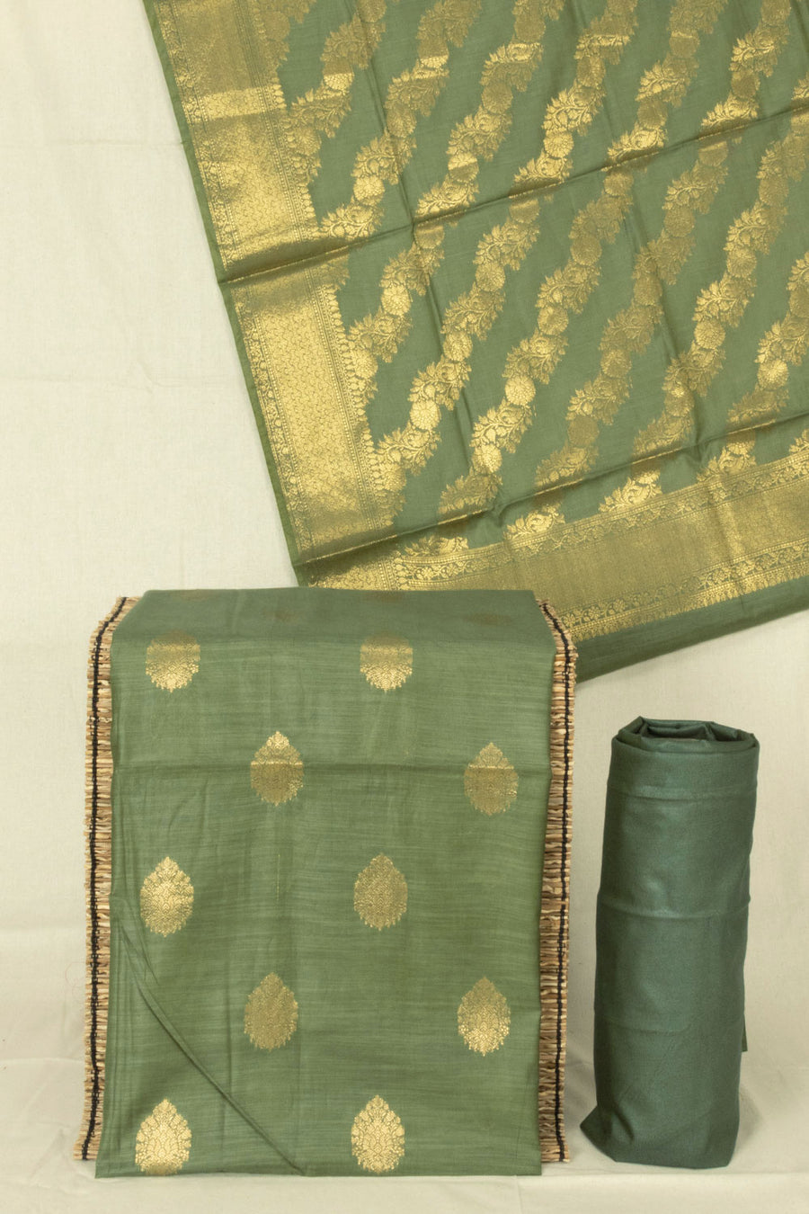 Olive Green 3 Piece Banarasi Silk Cotton Salwar Suit Material - Avishya