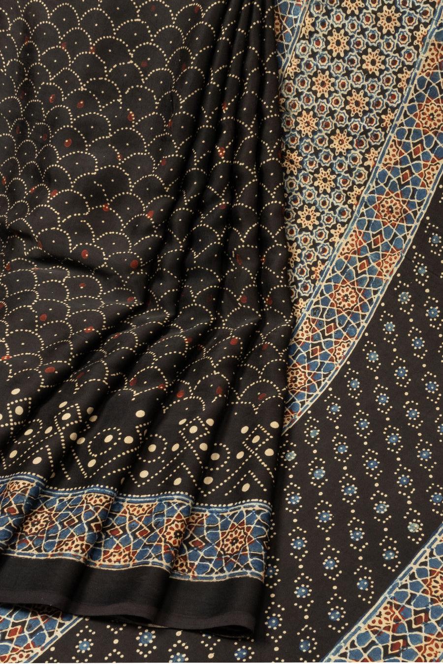 Black Handloom Ajrakh Modal Silk Saree - Avishya