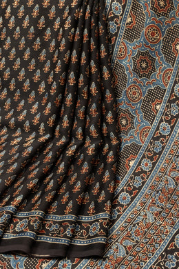 Black Handloom Ajrakh Modal Silk Saree - Avishya