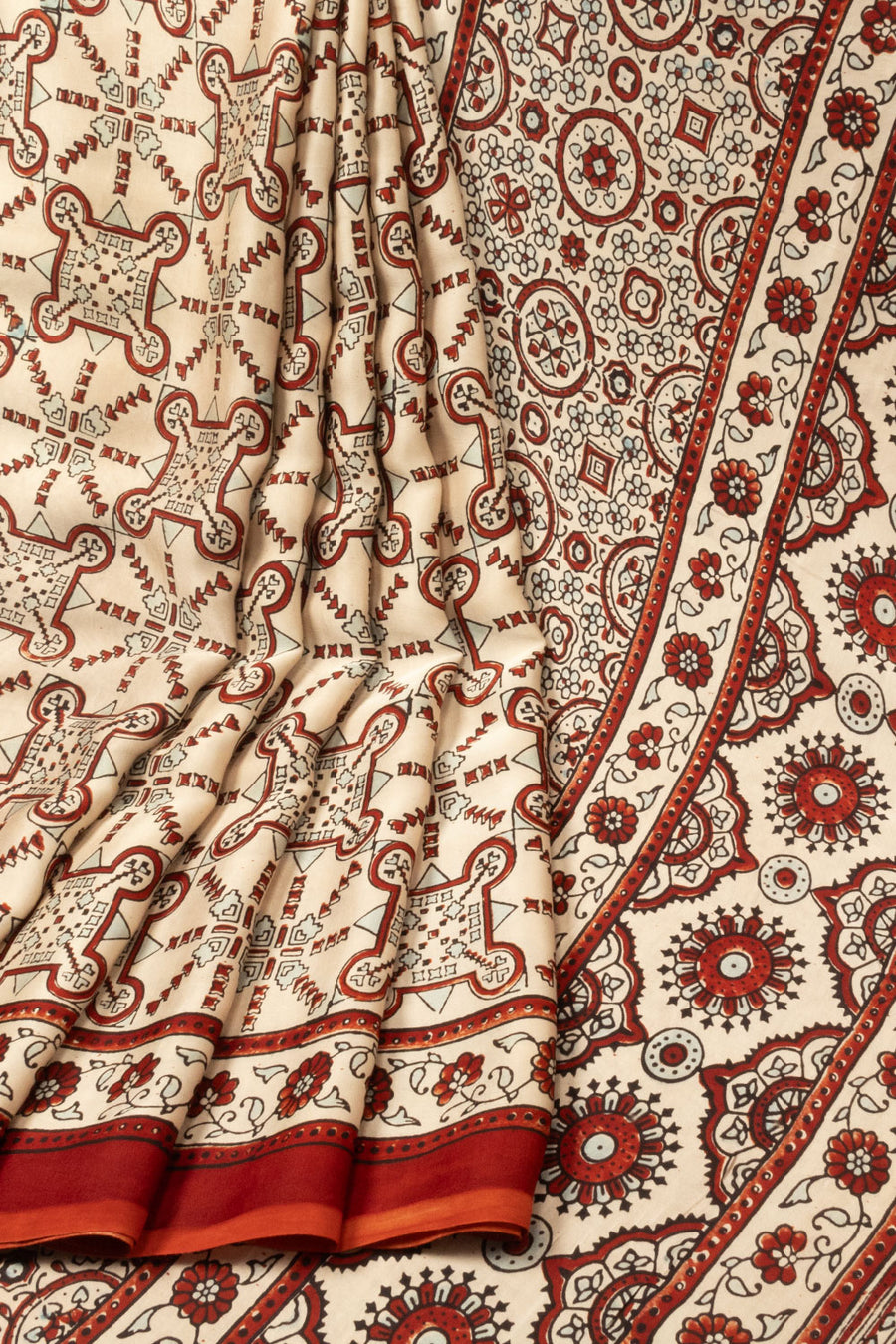 Off White Handloom Ajrakh Modal Silk Saree - Avishya