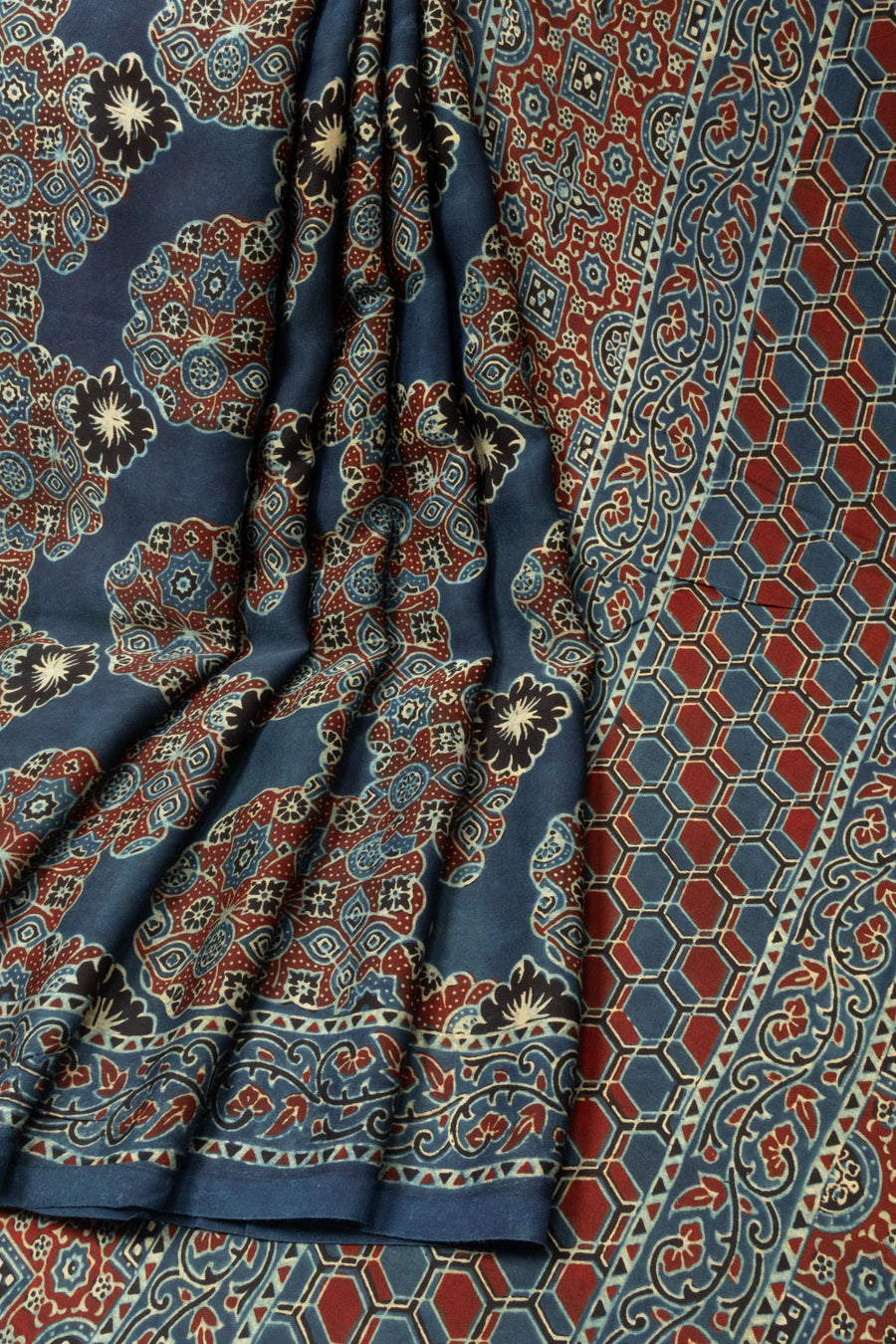 Blue Handloom Ajrakh Modal Silk Saree - Avishya