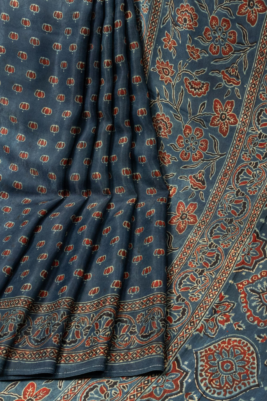 Blue Ajrakh Printed Modal Silk Saree - Avishya