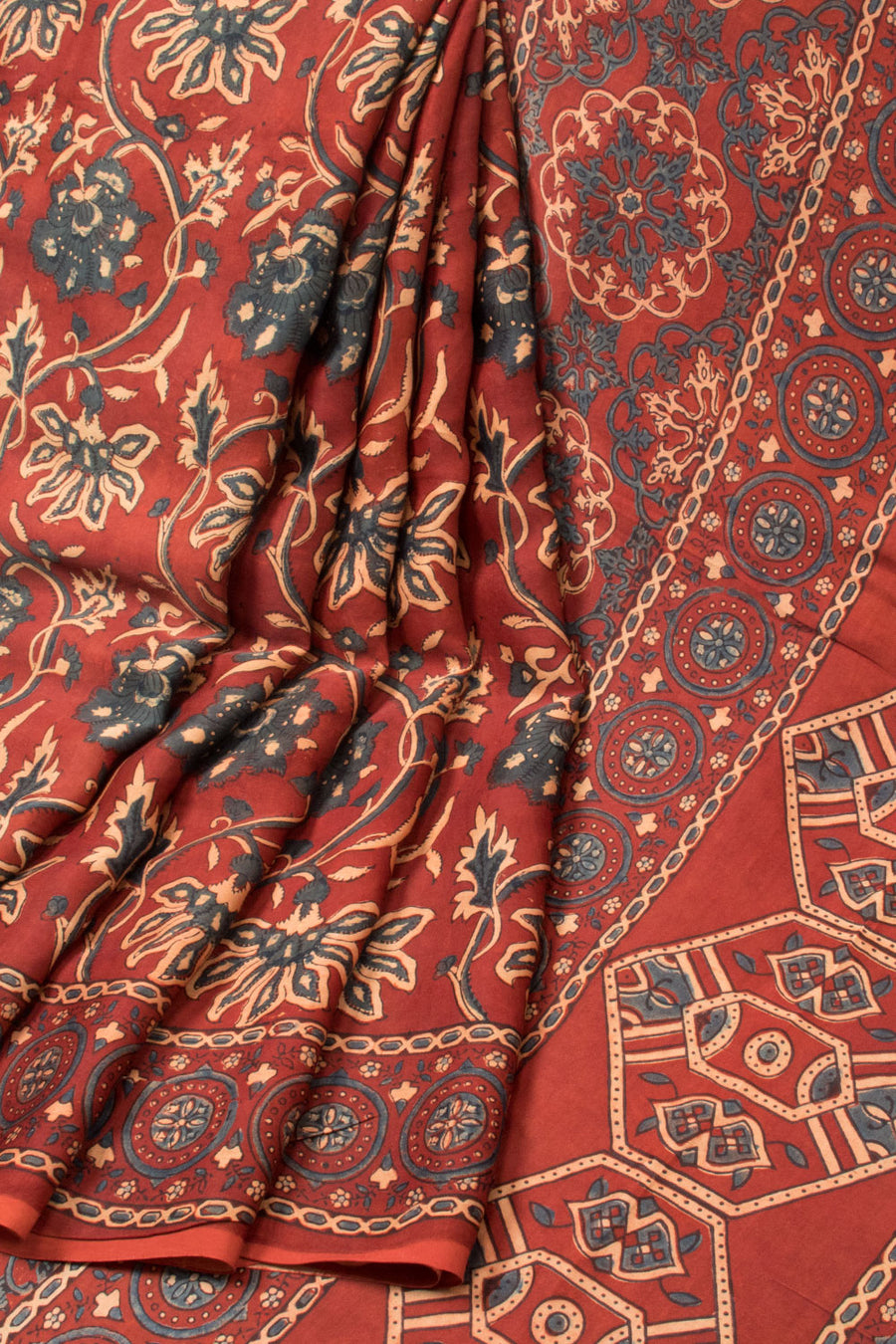 Red Handloom Ajrakh Modal Silk Saree - Avishya