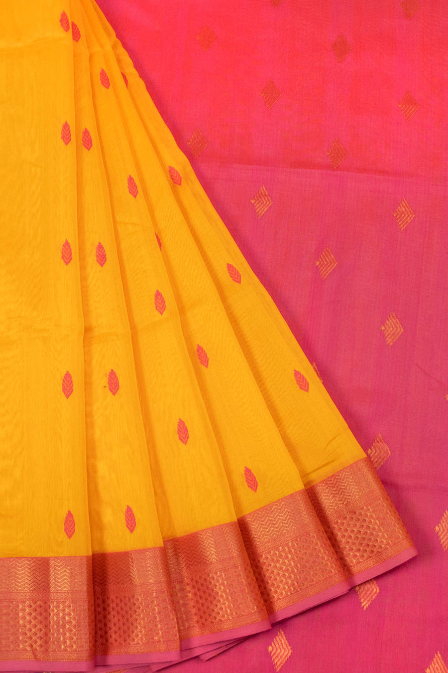 Yellow & Orange Handloom Maheshwari Silk Cotton Saree - Avishya.com