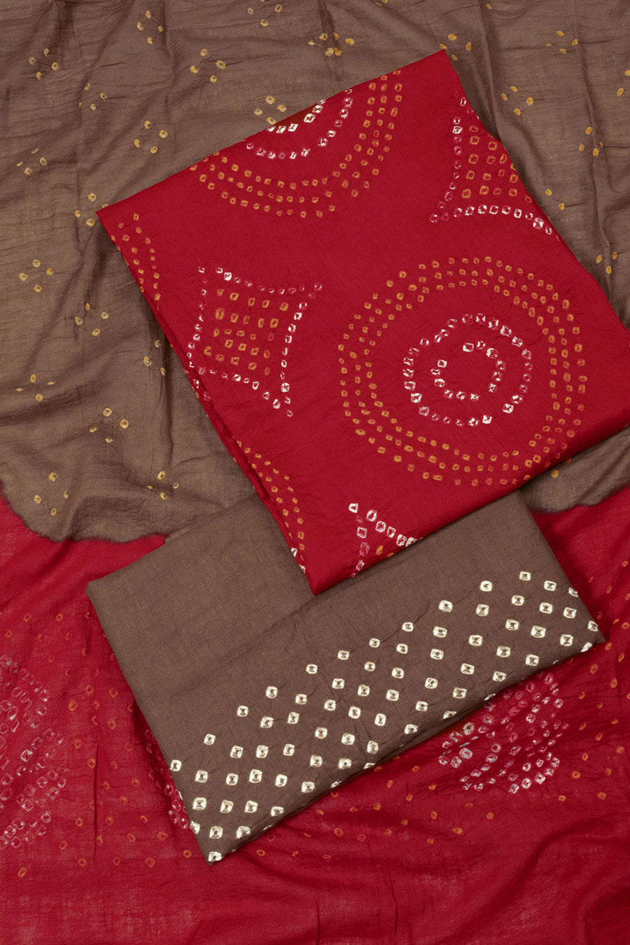 Red Bandhani Cotton 3-Piece Salwar Suit Material - Avishya