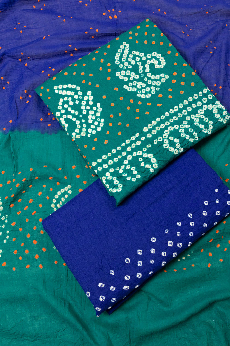 Turquoise Blue Bandhani Cotton 3-Piece Salwar Suit Material - Avishya