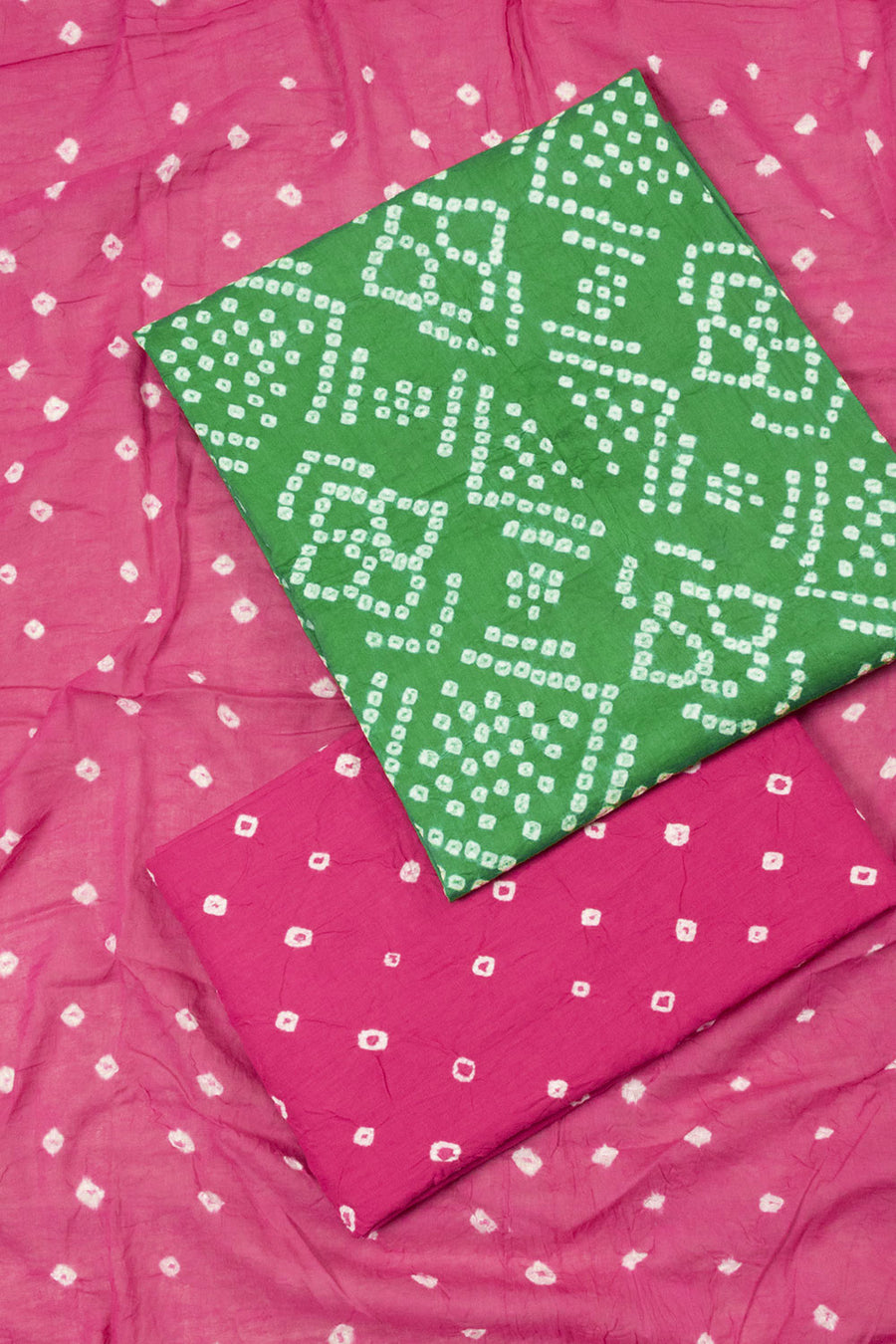 Green with Pink Bandhani Cotton 3-Piece Salwar Suit Material - Avishya