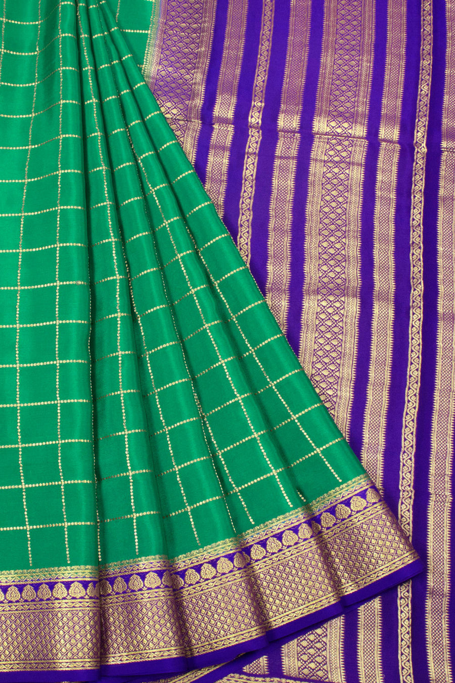 Peacock Green with Blue Mysore Crepe Silk Saree - 10064312
