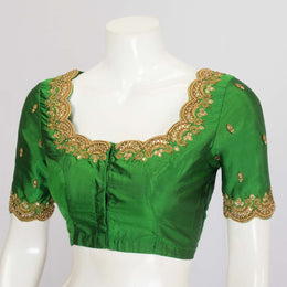 Dark Green Aari Embroidered Raw Silk Blouse - Avishya