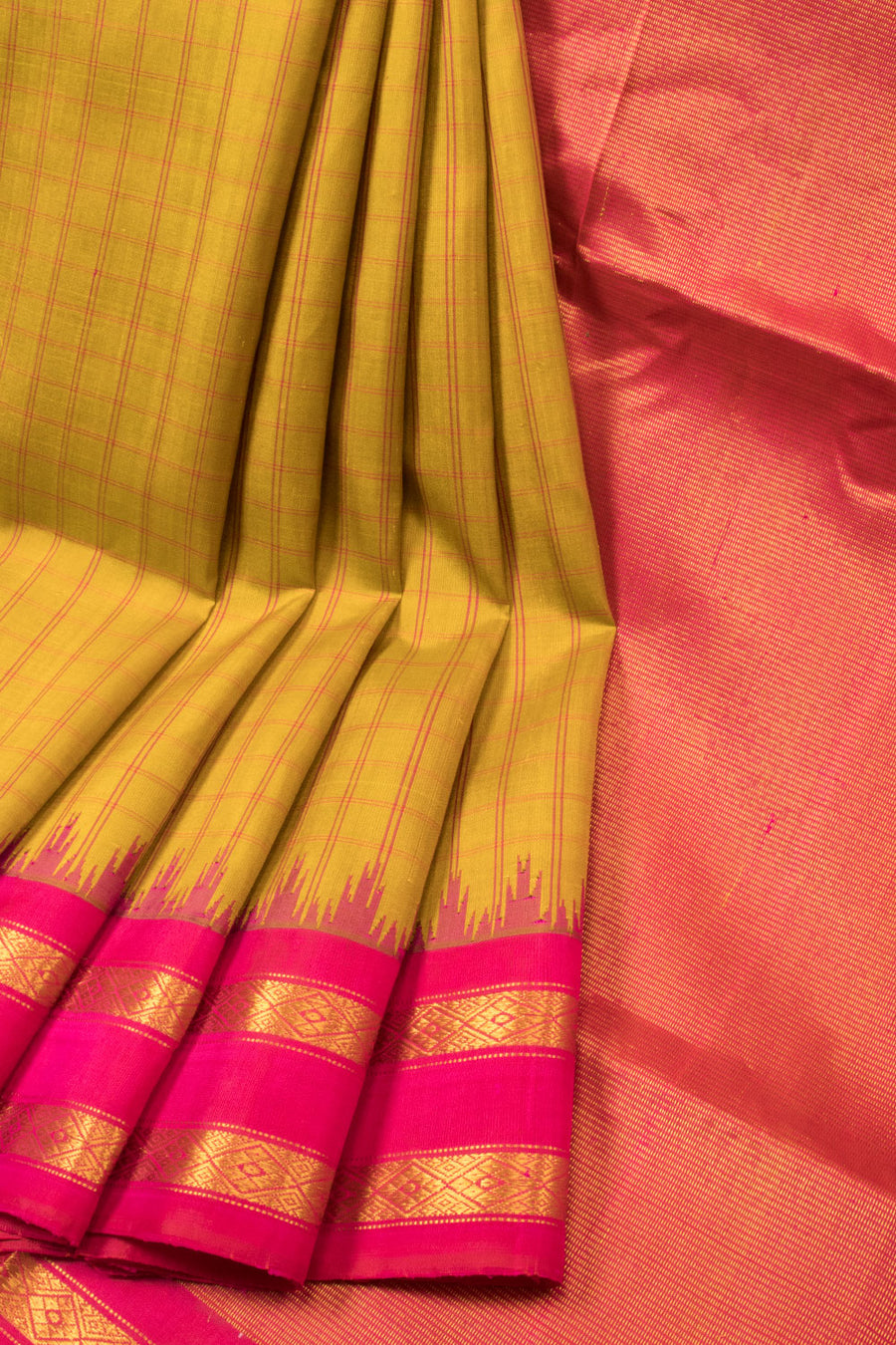 Mustard Yellow with Pink Handloom Gadwal Kuttu Silk Saree - Avishya