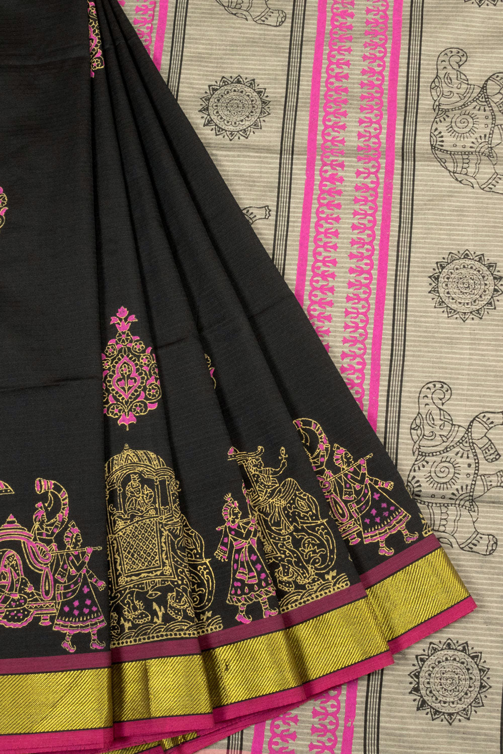 Black Hand Block Printed Poly Cotton Saree - Avishya