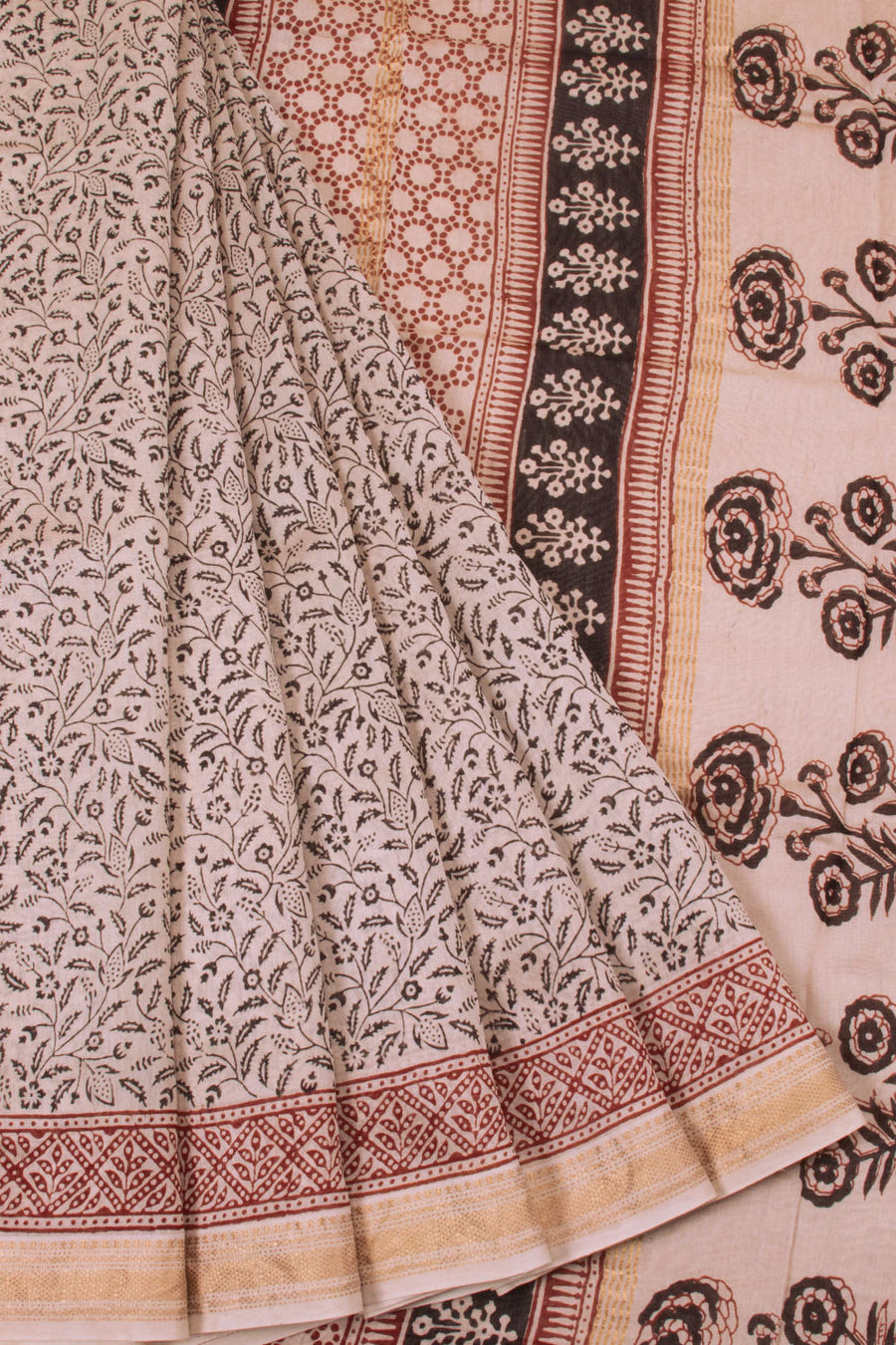 Cream with Black Bagh Printed Silk Cotton Saree - Avishya