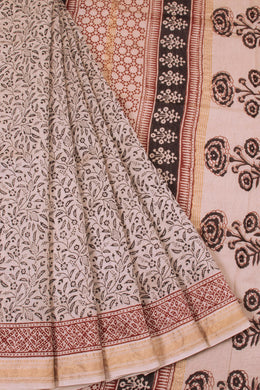 Cream with Black Bagh Printed Silk Cotton Saree - Avishya