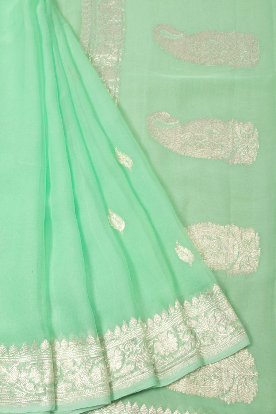 Mint Green Handloom Khaddi Banarasi Chiffon Saree - Avishya