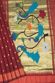 Dark Maroon Handloom Paithani Cotton Saree 10064574