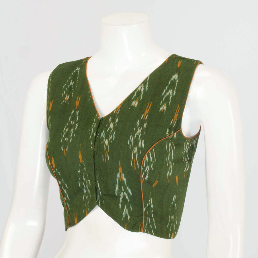 Dark Green Handcrafted Ikat Cotton Blouse - Avishya