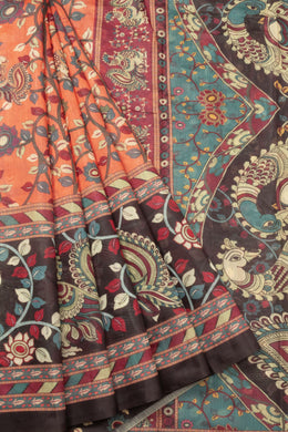 Orange Printed Kalamkari Malai Cotton Saree 10064646
