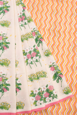 White Printed Chanderi Silk Cotton Saree - Avishya