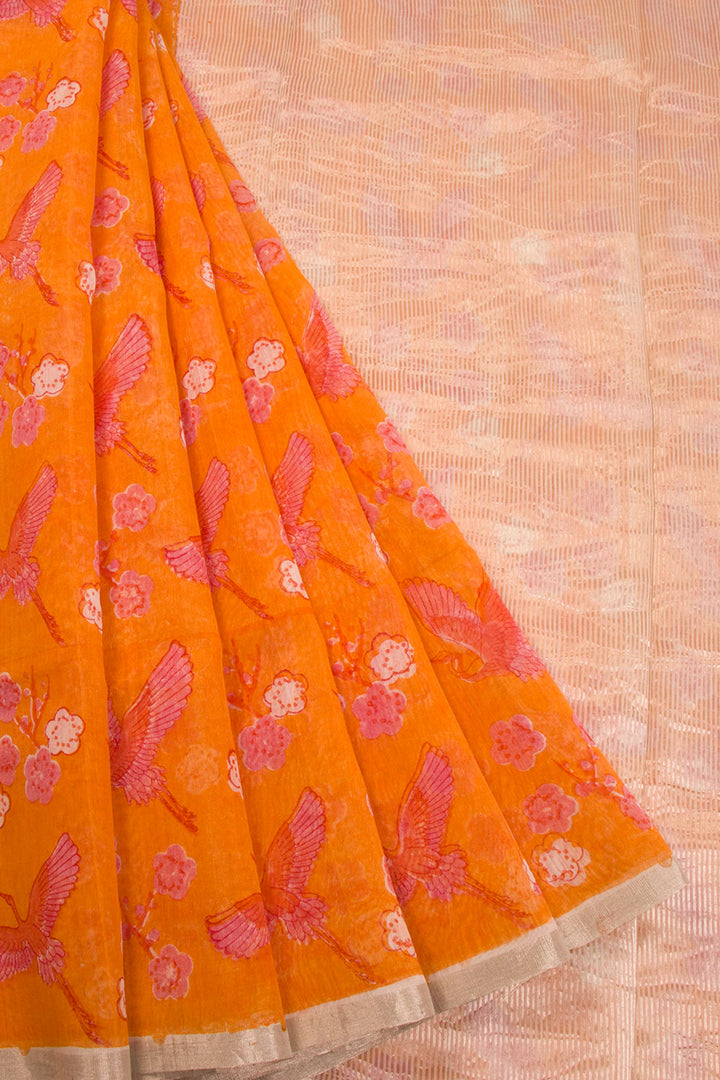 Orange Printed Chanderi Silk Cotton Saree 10064680