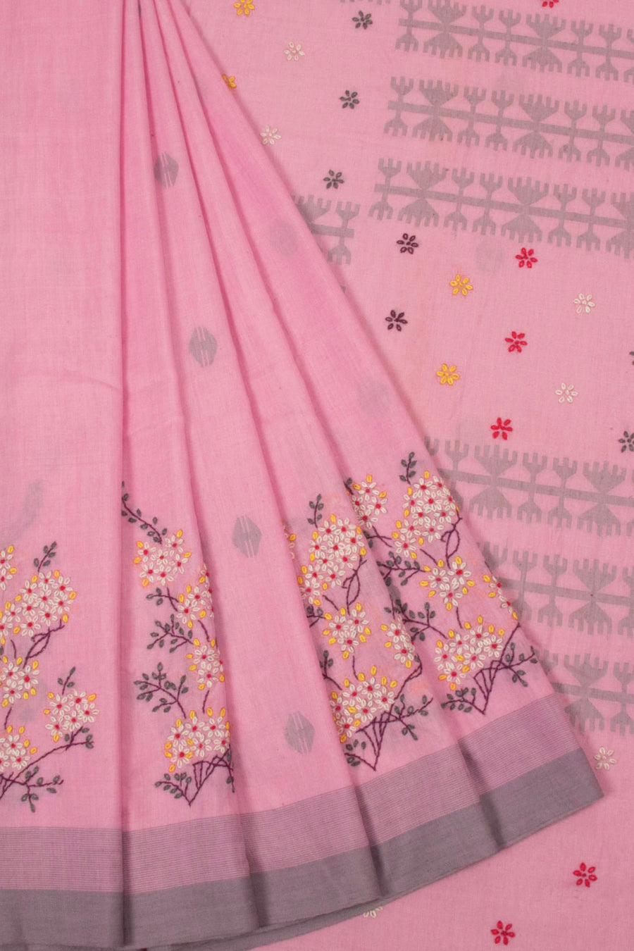 Pink Hand Embroidered Jamdani Silk Cotton Saree - Avishya