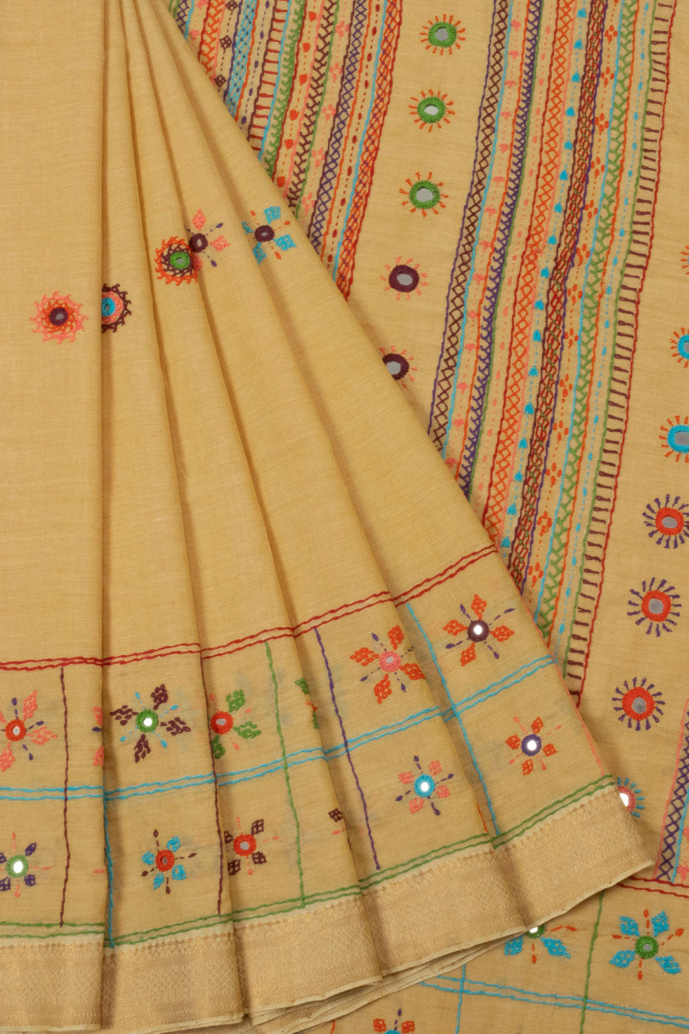 Beige Embroidered Mangalgiri Cotton Saree 10064702