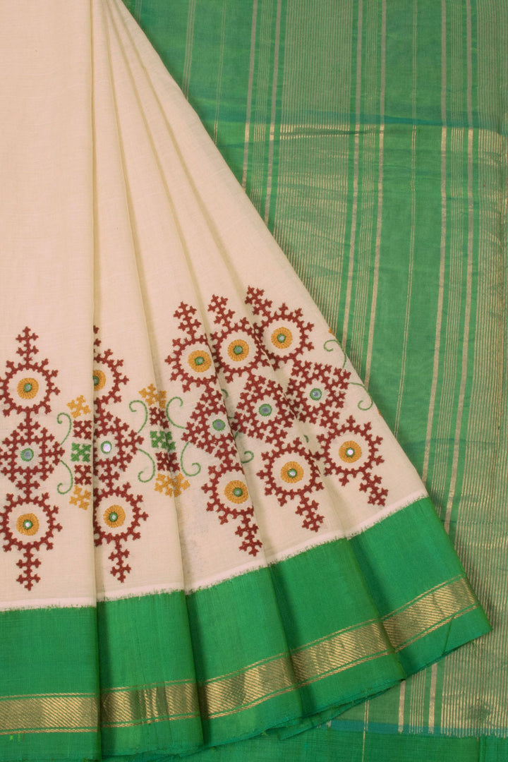 Off White Hand Embroidered Gadwal Kuttu Cotton Saree 10064704