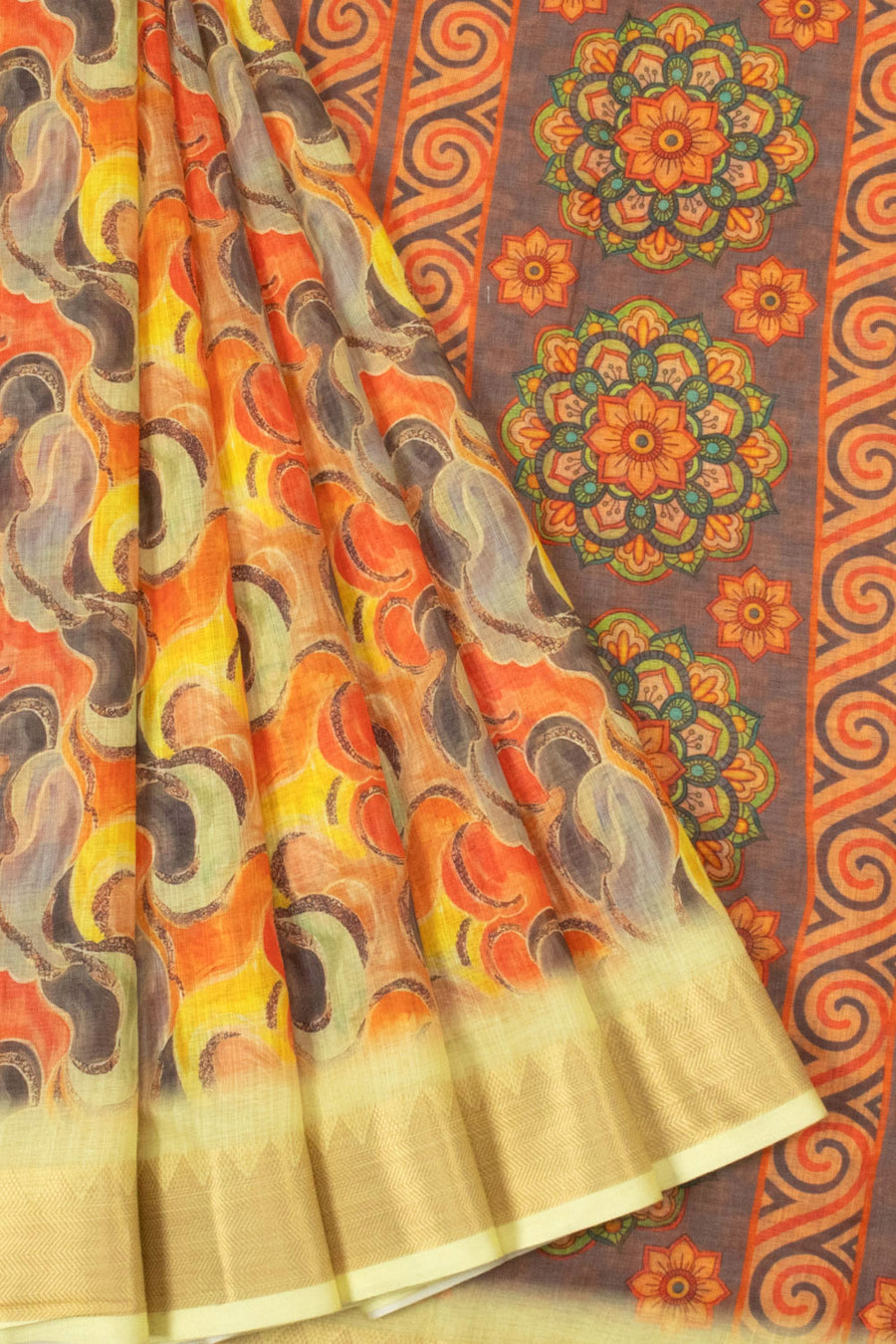 Orange Printed Linen Saree - Avishya