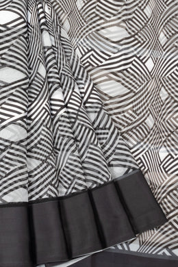 Black and white Printed Organza Saree - Avishya