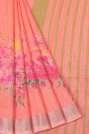  Salmon Pink Fancy Printed Linen Saree - Avishya.com