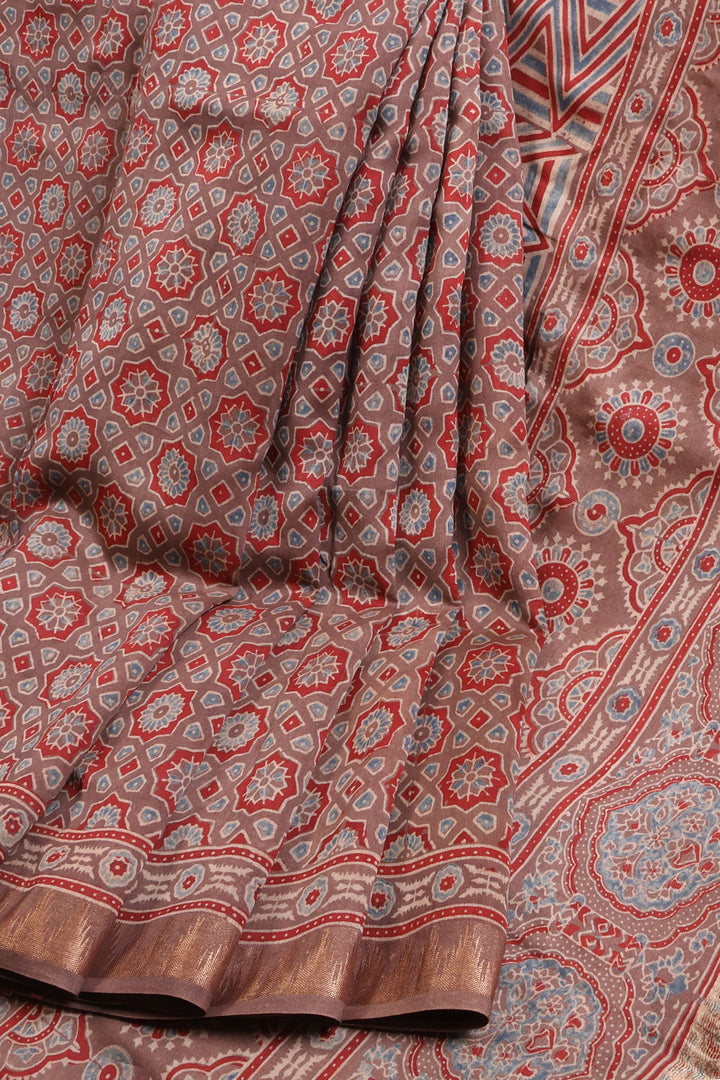 Brown Ajrakh Printed Silk Cotton Saree 10064938
