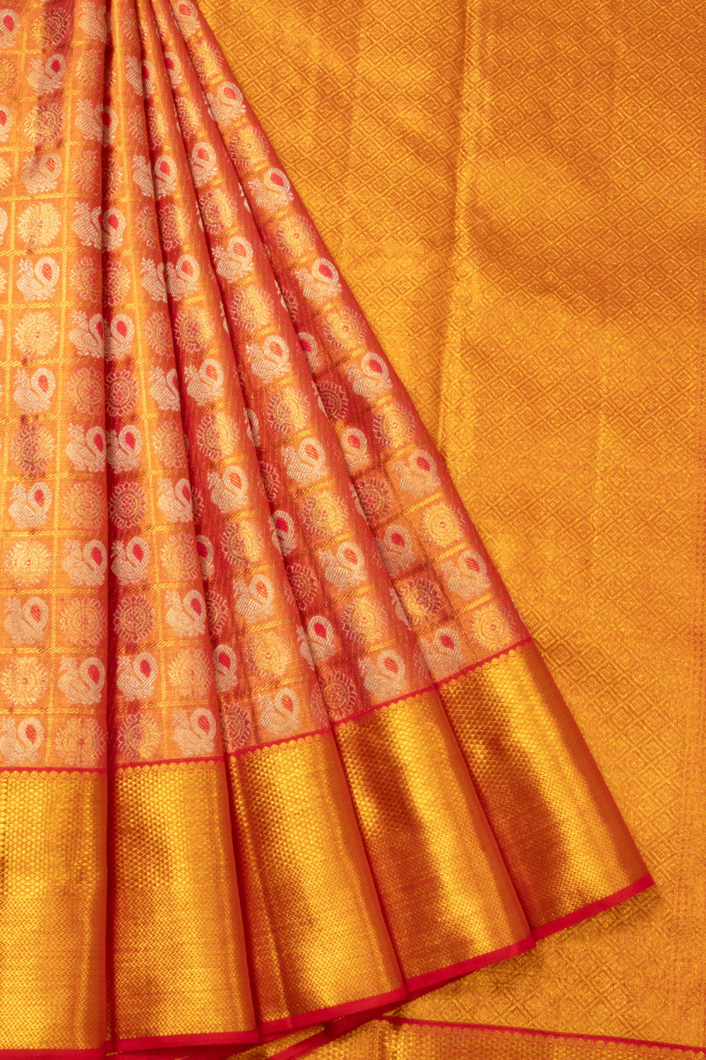 24 Carat Golden Red Bridal Kanjivaram Silk Saree - Avishya