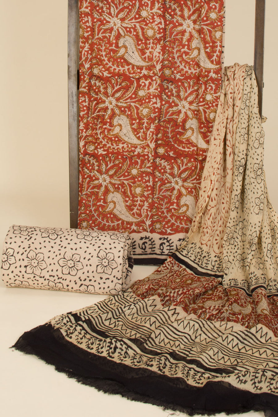 Rust Orange Hand Block Printed Cotton 3-Piece Salwar Suit Material-Avishya
