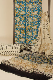 Blue Hand Block Printed Cotton 3-Piece Salwar Suit Material -Avishya