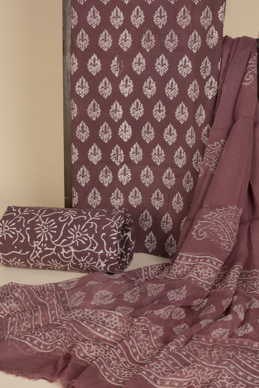 Purple Hand Block Printed Cotton 3-Piece Salwar Suit Material - Avishya