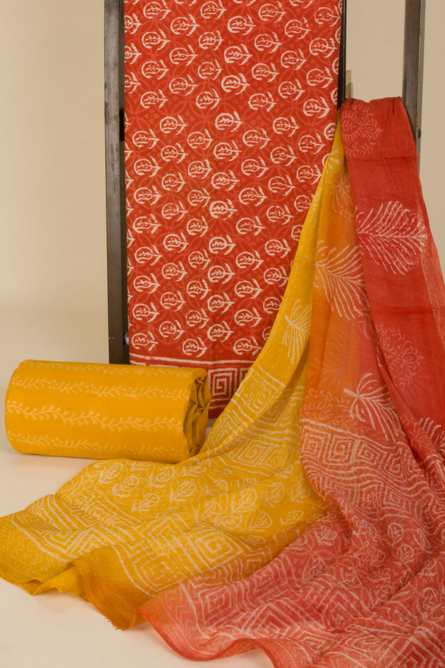 Red Hand Block Printed Cotton 3-Piece Salwar Suit Material - Avishya