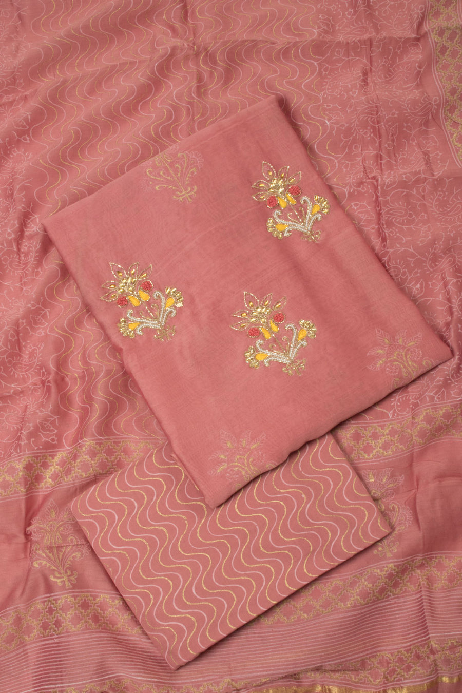 Pink Embroidered 3-Piece Silk Cotton Salwar Suit Material  - Avishya