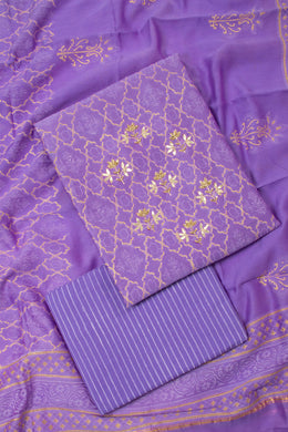 Lavender  Embroidered 3-Piece Silk Cotton Salwar Suit Material  - Avishya