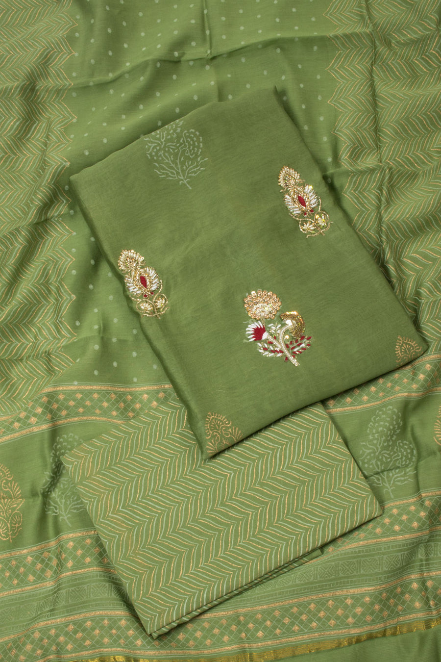 Green Embroidered 3-Piece Silk Cotton Salwar Suit Material - Avishya