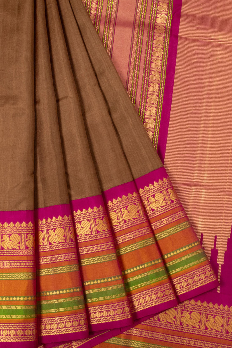 Brown Handloom Thread work Kanjivaram Silk Saree - Avishya