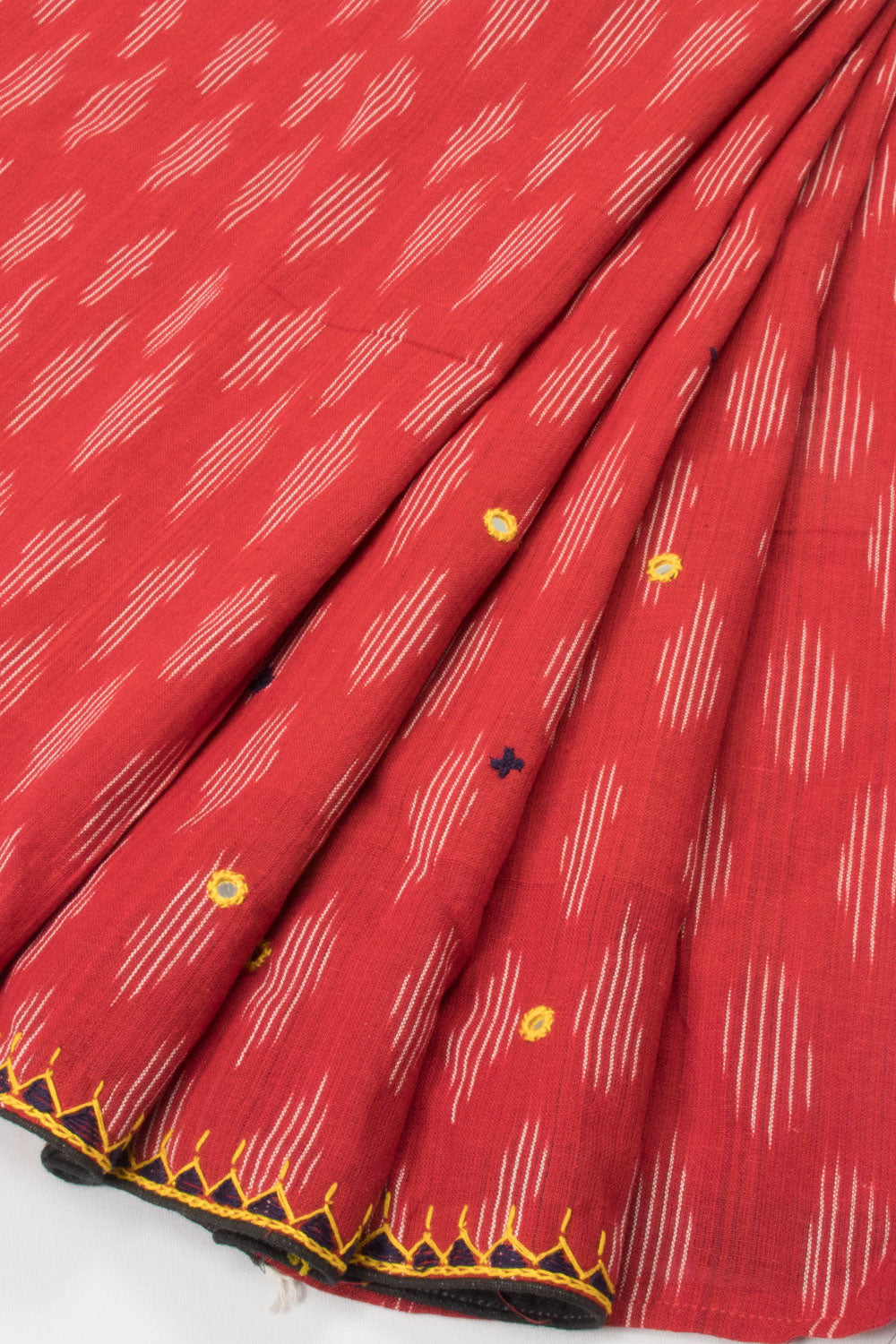Red Ikat Embroidered Cotton Blouse Material - Avishya