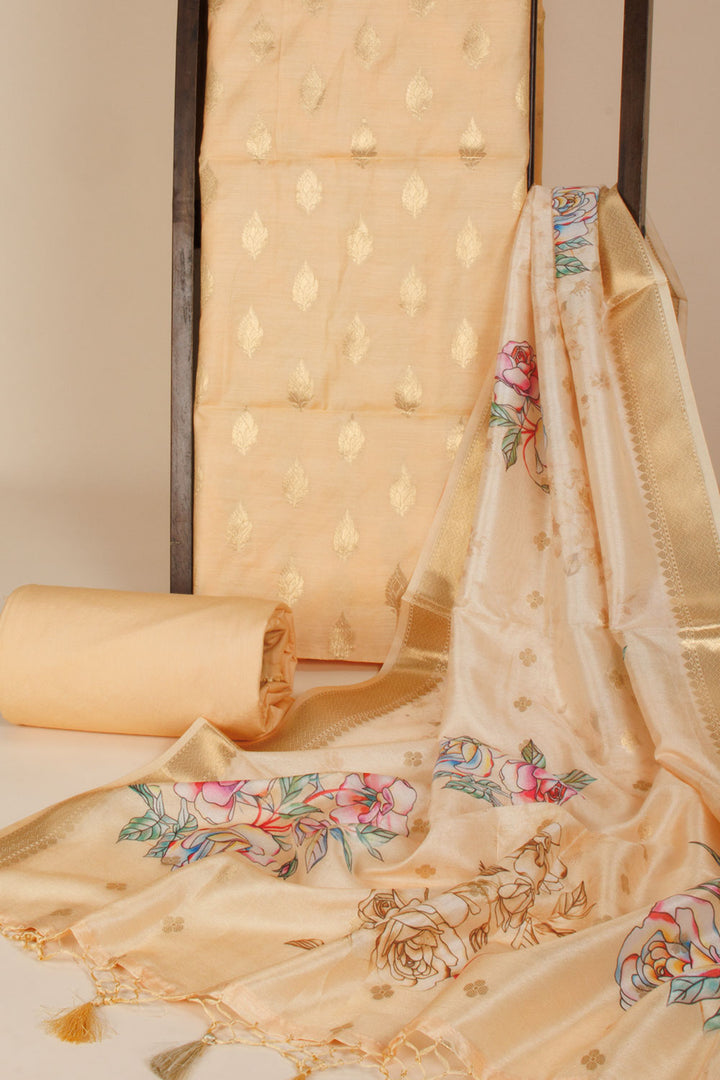 Cream 3-piece Banarasi Silk Salwar Suit Material with Printed Dupatta 10065491