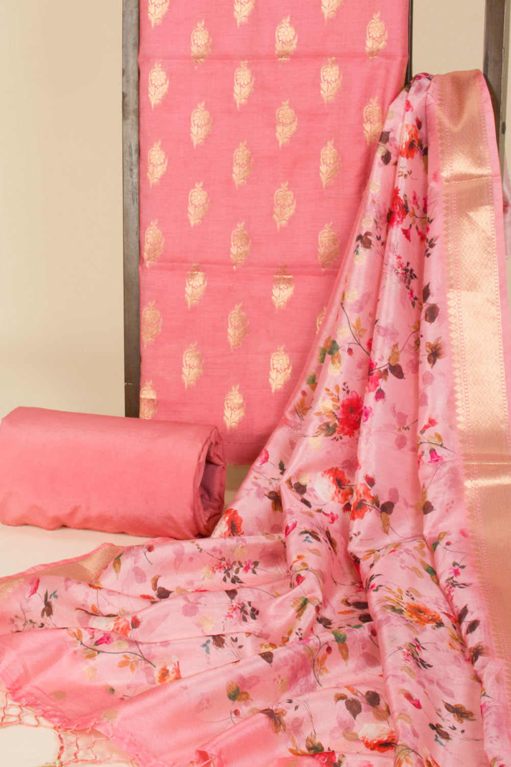 Pink 3-piece Banarasi Silk Salwar Suit Material With Printed Dupatta 10065494