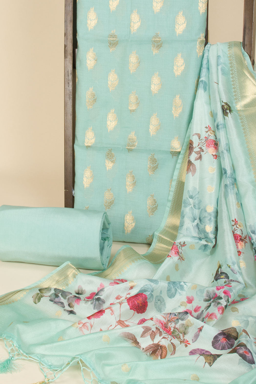 Powder Blue 3-piece Banarasi Silk Salwar Suit Material With Printed Dupatta 10065496