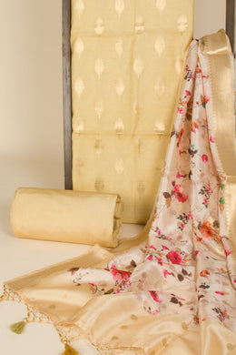 Beige 3-piece Banarasi Silk Salwar Suit Material With Printed Dupatta 10065495