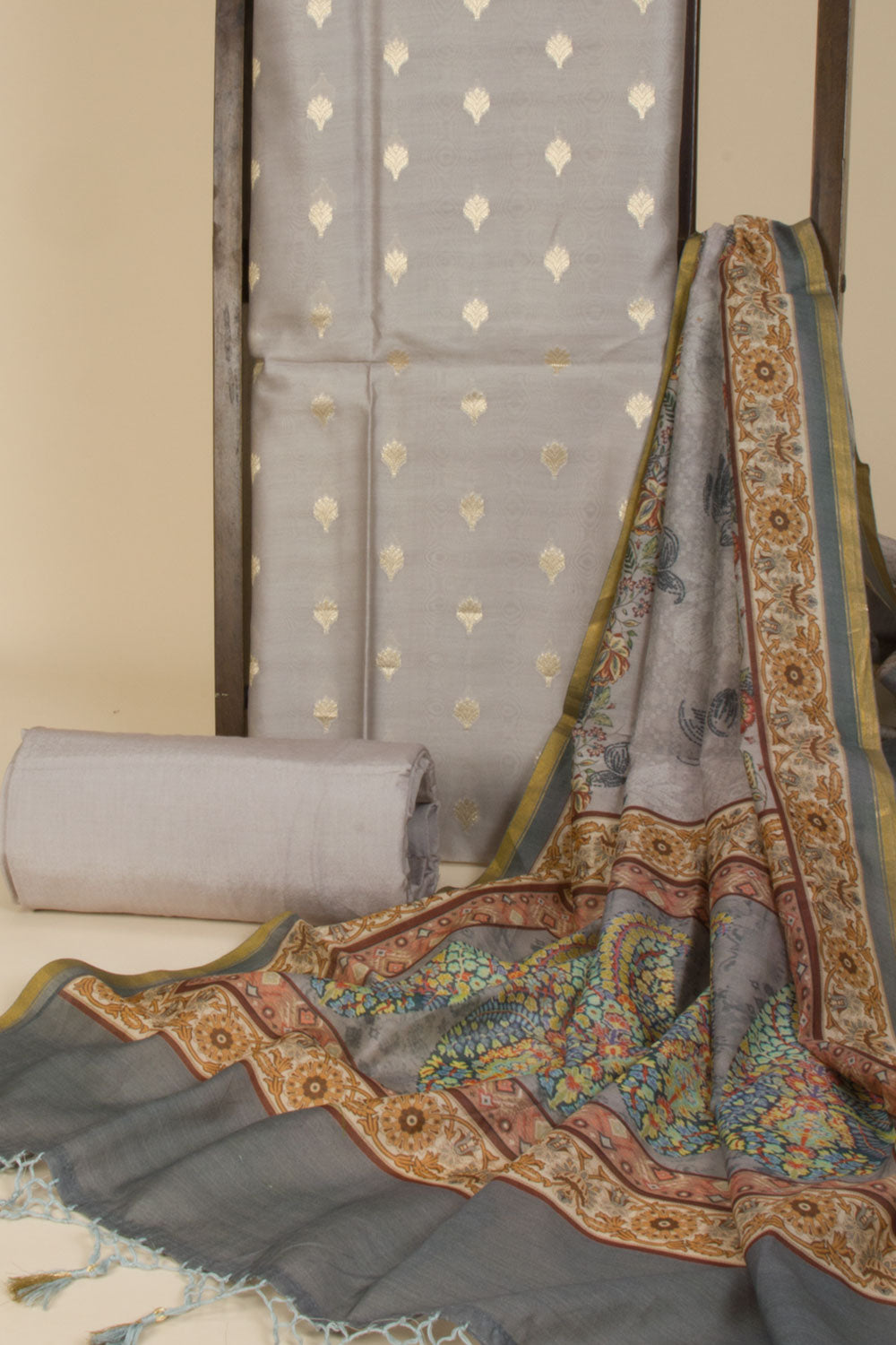Grey 3 Pc Banarasi Silk Salwar Suit Material With Printed Dupatta 10065497